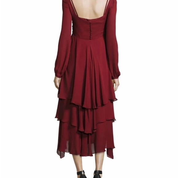 Cinq a’ Sept Fira Tiered Silk Dress Flowy Bishop Sleeves  in Pomegranate Red - Picture 10 of 12